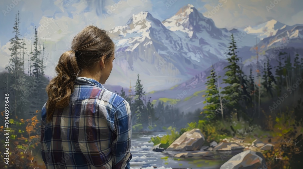 Naklejka premium Young painter creating a peaceful mountain retreat