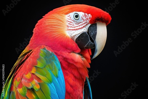 Close-up of a colorful parrot, intricate details of red, blue, and green feathers, sharp focus, set against a black backdrop for dramatic contrast photo