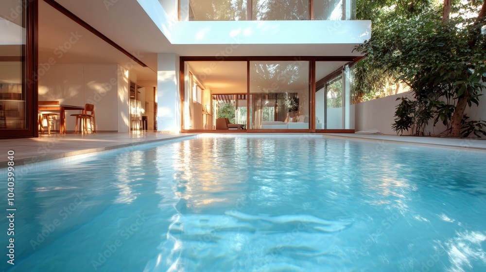 A bright, airy modern home showcasing floor-to-ceiling glass walls providing a seamless indoor-outdoor transition, peaceful views to a pristine swimming pool. A bright, airy modern home showcasing floor-to-ceiling glass walls providing a seamless indoor-outdoor transition, peaceful views to a pristine swimming pool.