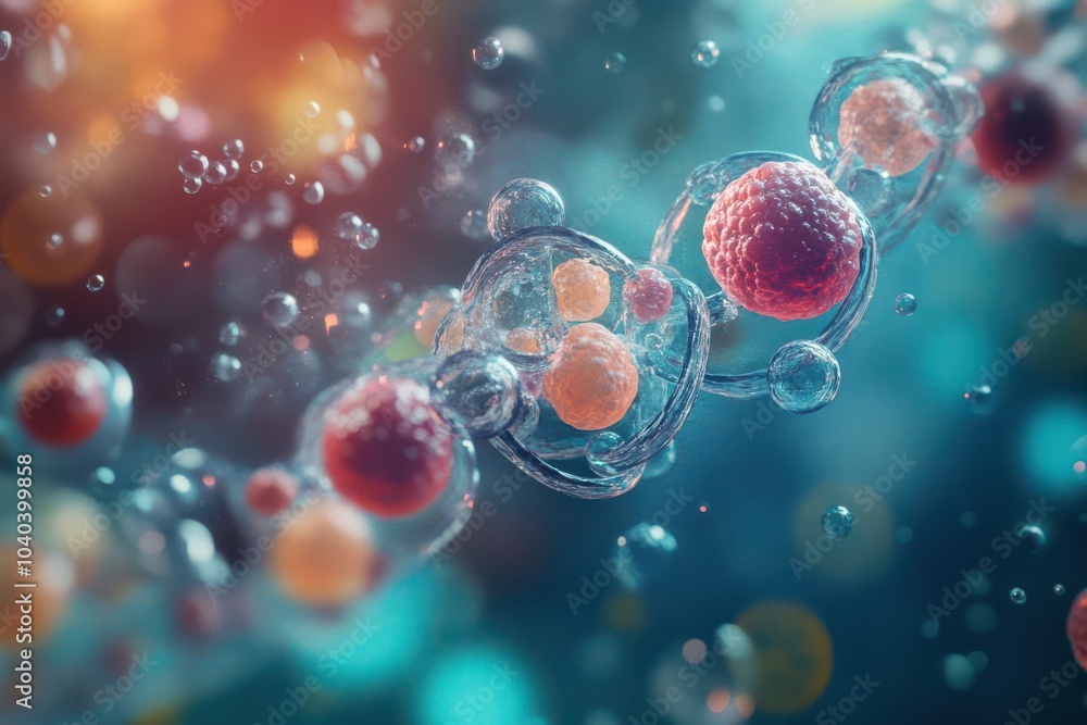 Obraz premium Close-up of a DNA molecule transmitting signals to surrounding cells, visualizing intercellular communication via molecular structures
