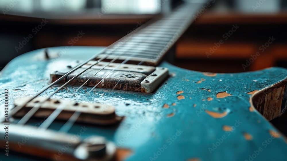 This image presents a close-up shot of an aged blue electric guitar, revealing its worn textures and unique character, ideal for music enthusiasts and vintage lovers. This image presents a close-up shot of an aged blue electric guitar, revealing its worn textures and unique character, ideal for music enthusiasts and vintage lovers.