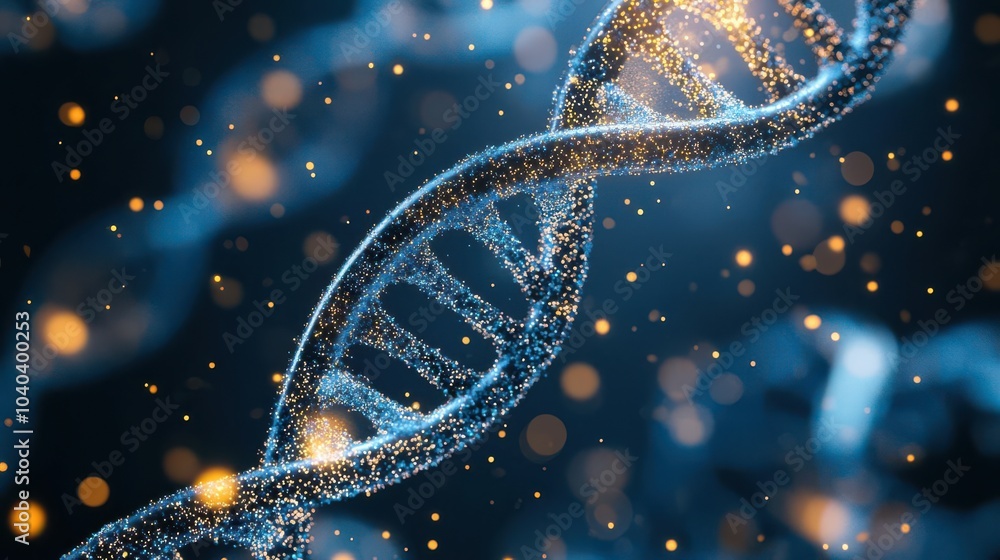 Close-up of a DNA molecule with glowing particles flowing through the helix, symbolizing data transfer and biological communication Close-up of a DNA molecule with glowing particles flowing through the helix, symbolizing data transfer and biological communication