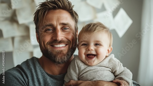 Father holding his smiling baby, with papers in the background, showcasing a relaxed and heartwarming scene depicting familial love and connection. photo