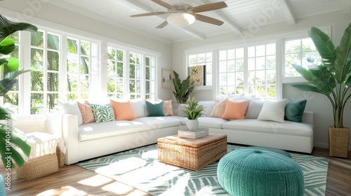 Bright and airy sunroom with large windows  pastel-colored cushions  and abundant greenery  creating an inviting and relaxing living space. Ideal for lifestyle articles.