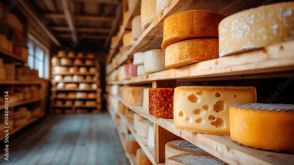 A rustic view of a cheese cellar, showcasing different cheese wheels in an array of textures and sizes, all positioned meticulously on sturdy wooden shelves. A rustic view of a cheese cellar, showcasing different cheese wheels in an array of textures and sizes, all positioned meticulously on sturdy wooden shelves.