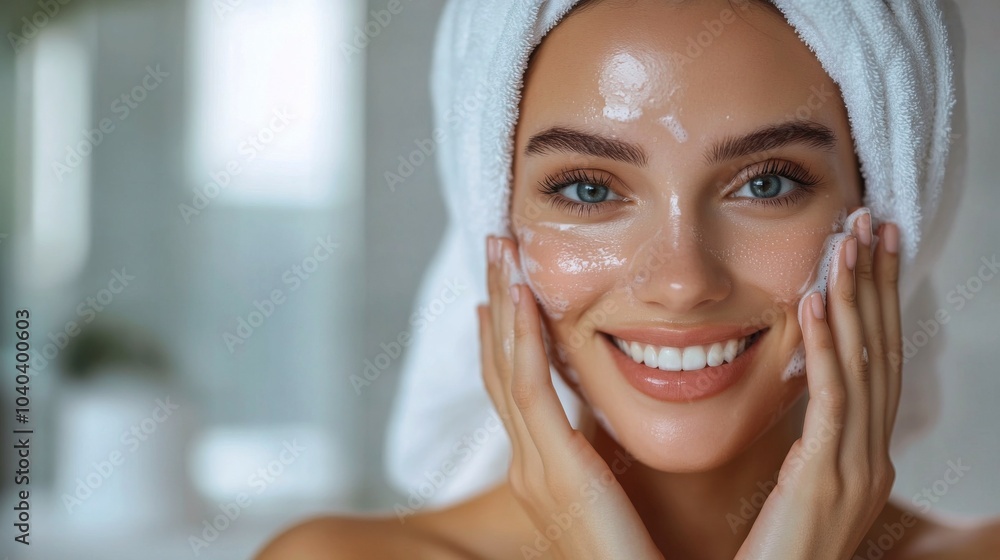 Radiant Skincare Routine With Smiling Woman in Towel Turban After Facial Mask Radiant Skincare Routine With Smiling Woman in Towel Turban After Facial Mask