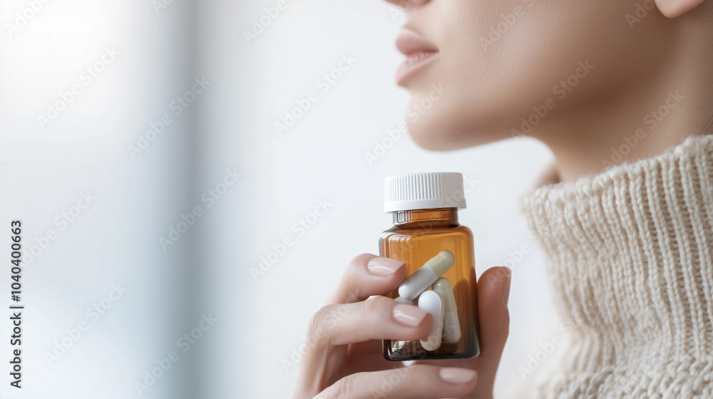 Fototapeta premium Sore Throat Discomfort with Medicine Bottle in Closeup