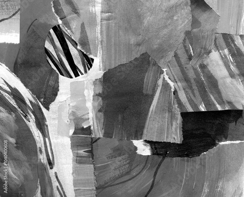 Black gray abstract collage, torn paper pieces glued, horizontal banner background, painted ink texture