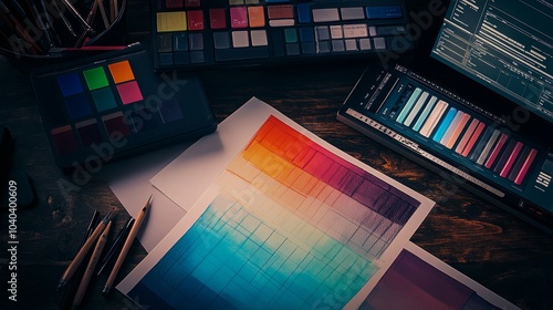 Color calibration charts and digital color correction tools on a wooden desk.