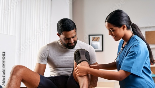 Physiotherapist Fixing Knee Braces On Man's Leg