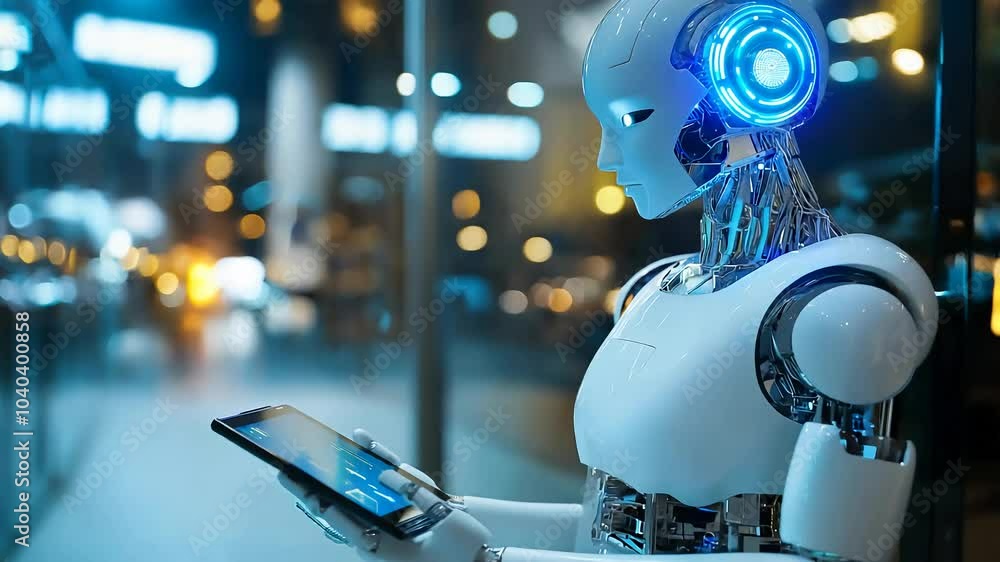 Humanoid robot is standing in a modern office environment, holding a digital tablet and interacting with technology Humanoid robot is standing in a modern office environment, holding a digital tablet and interacting with technology