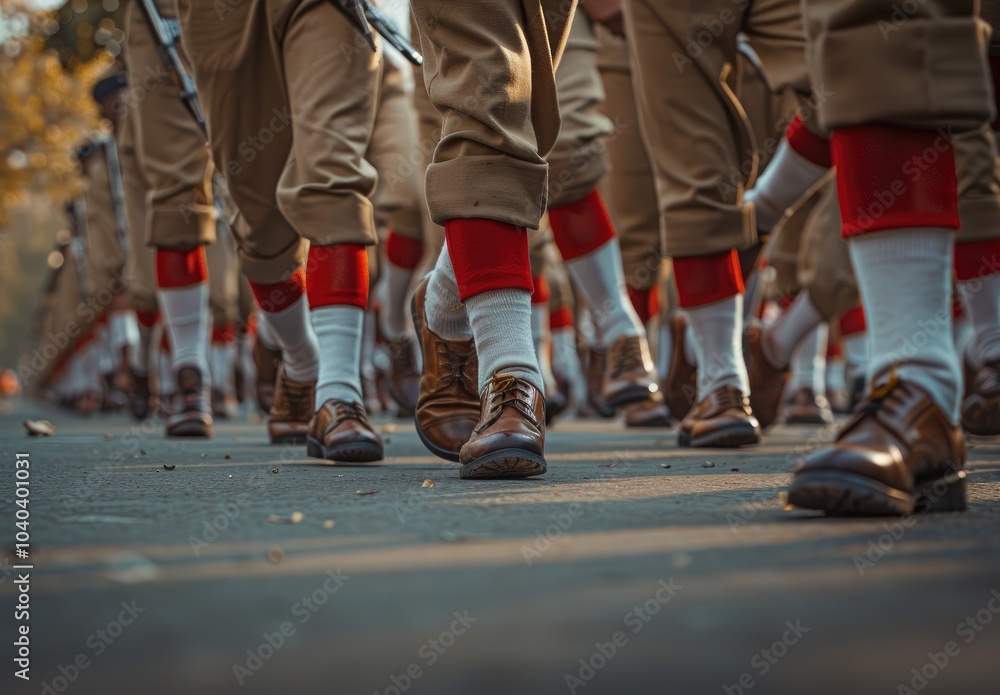 Closeup of army soldiers marching in formation on military parade ground Closeup of army soldiers marching in formation on military parade ground