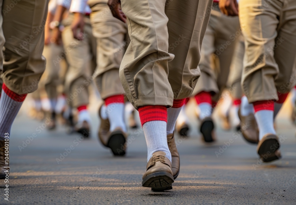 Closeup of army soldiers marching in formation on military parade ground Closeup of army soldiers marching in formation on military parade ground