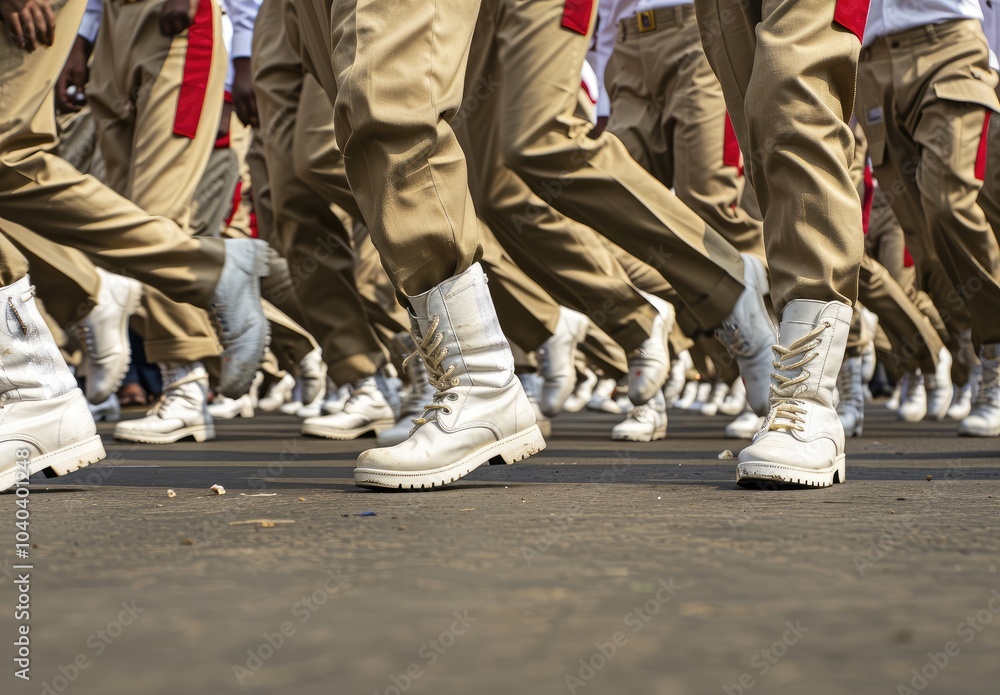 Closeup of army soldiers marching in formation on military parade ground Closeup of army soldiers marching in formation on military parade ground