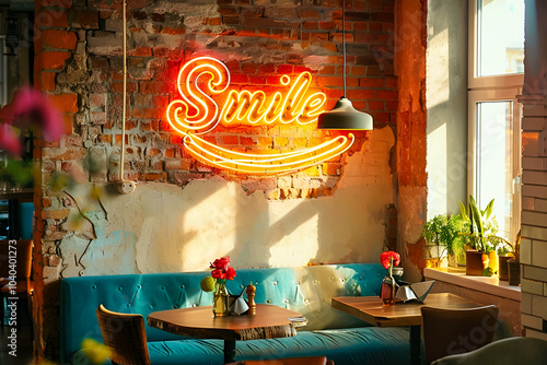 Neon sign with text Smile in a grunge cafe photo