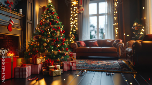 A beautifully decorated Christmas tree with gifts in a cozy living room adorned with warm lighting and festive decor on a winter evening