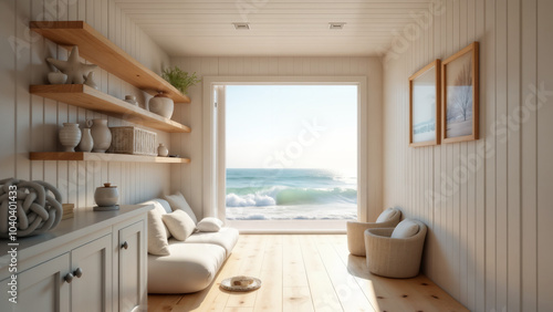 An Inviting Short Hallway with Rustic Shelves Decorated with Beach Themes and a Soothing Coastal Ambiance