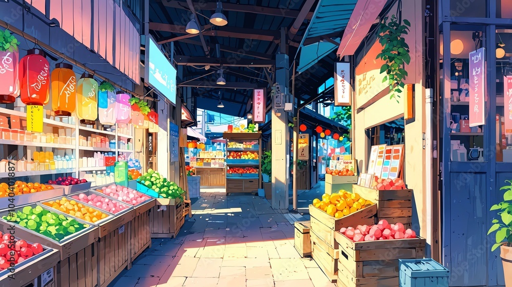 Naklejka premium Cute market perspective anime style with pastel colors background