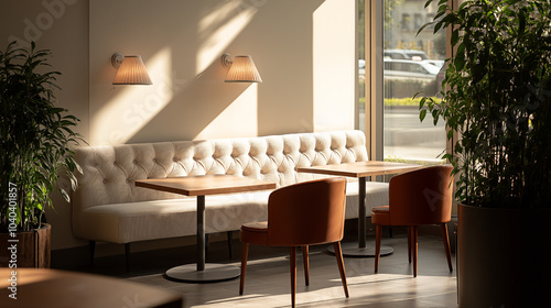 Comfortable Seating Area with Cushions and Natural Light in a Modern Café