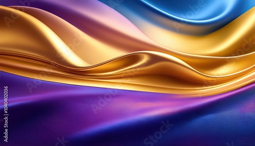 Flowing Satin Symphony. Abstract Vibrant Fabric Waves in Golden, Blue, and Purple Gradient with Luxurious Texture and Elegant Movement. Ideal for Backgrounds, Fashion Concepts, or Branding Material