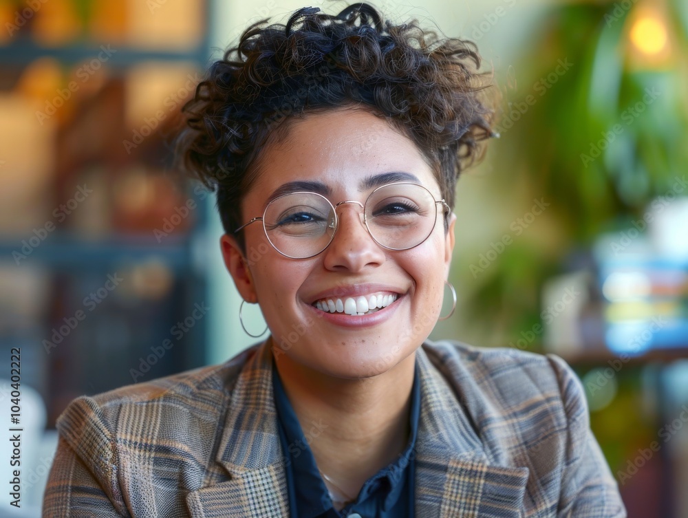 Close-up of a LGBTQ businessperson in formal attire, looking determined, with a blurred office background