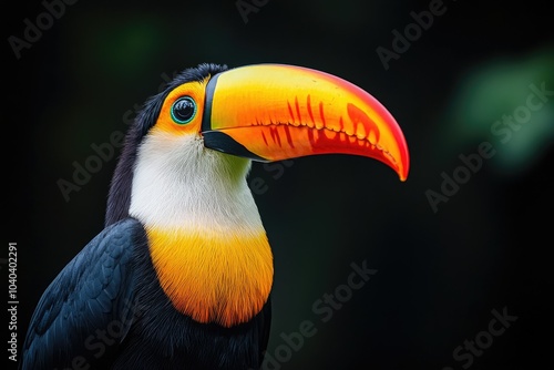 Single exotic toucan with a vibrant yellow and orange beak, standing out sharply against a dark black backdrop, minimalist and striking photo