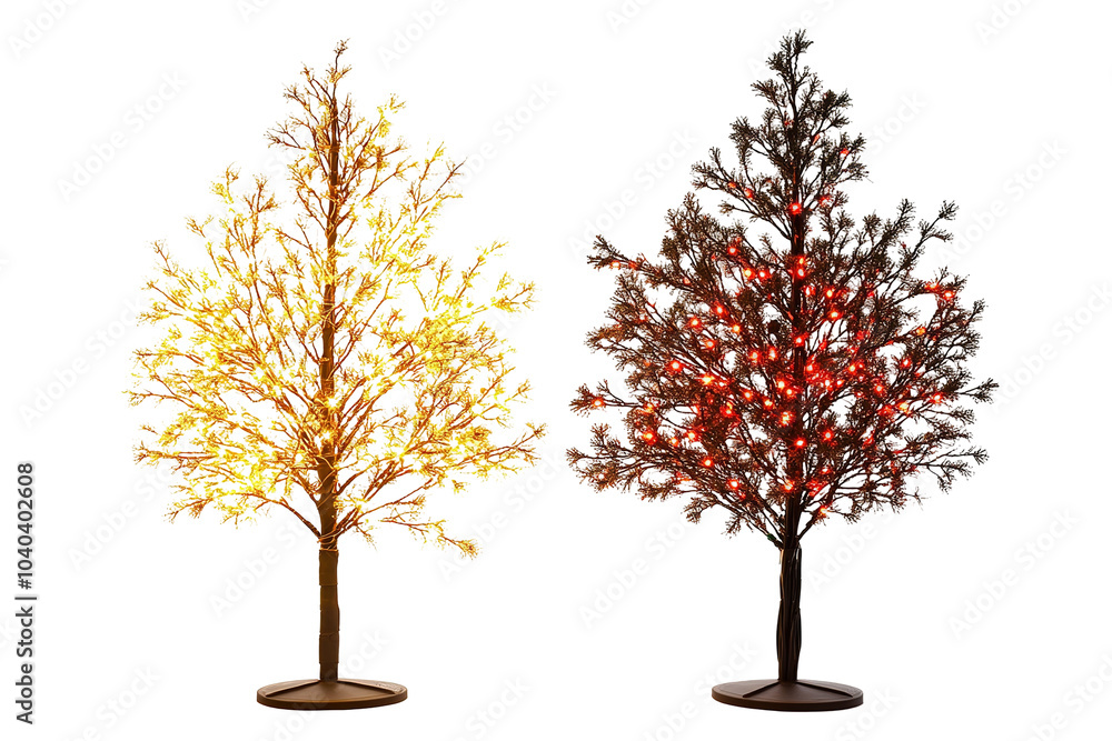 Two Christmas trees, one is yellow and the other is red. on transparent background Two Christmas trees, one is yellow and the other is red. on transparent background