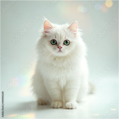 Fluffy White Cat with Piercing Eyes in Soft Light isolated on a white background