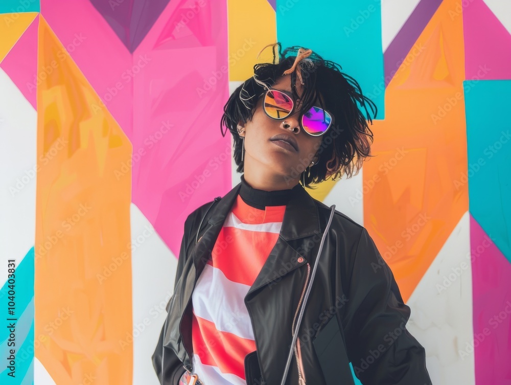 LGBTQ individual in a casual outfit, with a background of colorful geometric shapes, exuding positivity LGBTQ individual in a casual outfit, with a background of colorful geometric shapes, exuding positivity