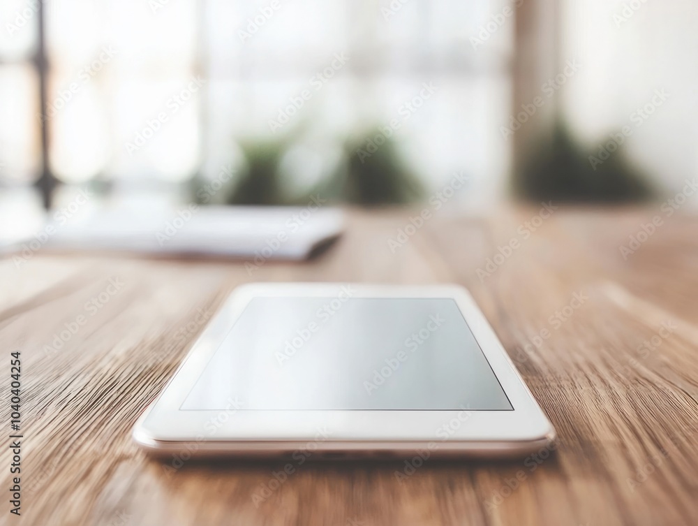 Sleek Tablet on a Wooden Surface with a Soft Focus Background in a Modern Workspace Setting Sleek Tablet on a Wooden Surface with a Soft Focus Background in a Modern Workspace Setting