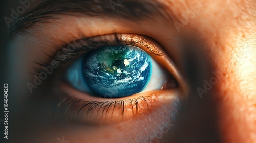 A close-up of an eye reflecting a vibrant Earth, symbolizing vision, awareness, and a connection to the planet.