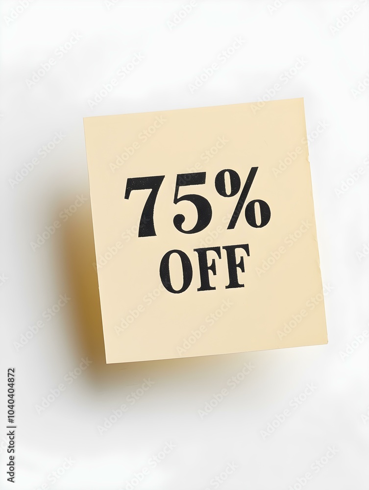 Black '75% OFF' Text on a Ivory Square Paper Note. White Background Black '75% OFF' Text on a Ivory Square Paper Note. White Background