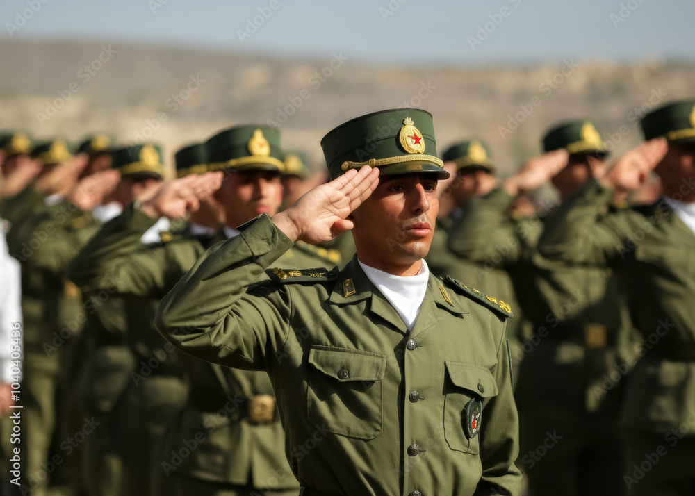 Algerian soldiers giving salute during ceremony military, glory and honor, dignified military uniform Algerian soldiers giving salute during ceremony military, glory and honor, dignified military uniform