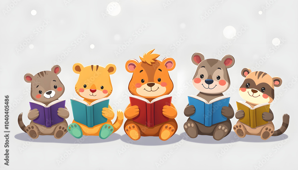 Naklejka premium Set of Cute Cartoon Animals reading Books. Vector Illustration isolated with white highlights, png