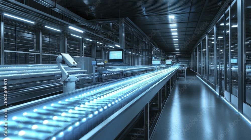 Naklejka premium Ultra-modern food plant with glowing conveyors, AI monitoring hygiene and logistics, robotic systems ensuring the contamination-free transport of products
