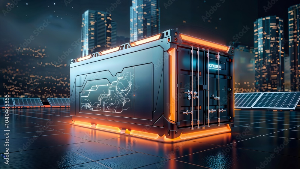 Energy Storage Container. A futuristic container with solar panels, illuminated by neon lights, against a city skyline at night. Energy Storage Container. A futuristic container with solar panels, illuminated by neon lights, against a city skyline at night.