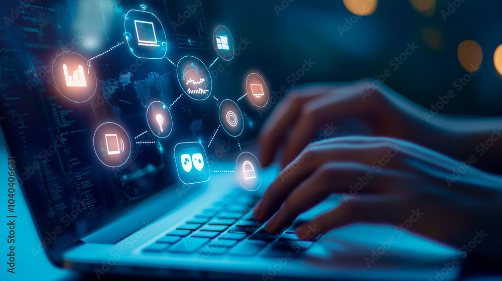 Person Typing on Laptop with IoT Digital Interface Person Typing on Laptop with IoT Digital Interface