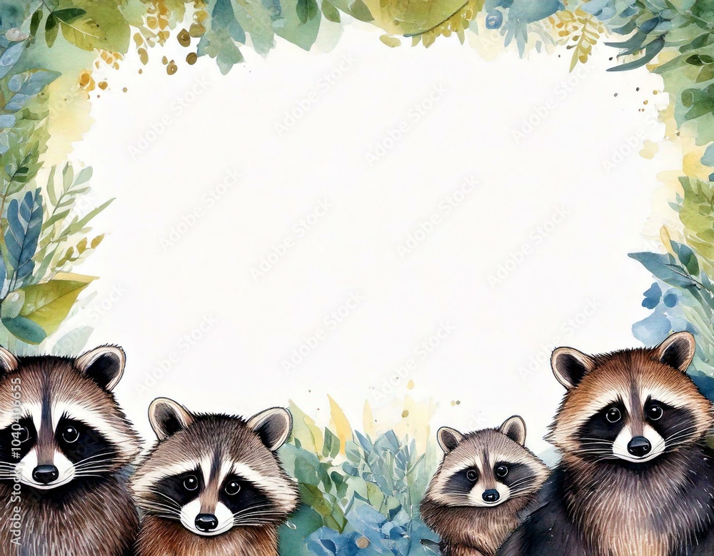 Fototapeta premium watercolor cute raccoon background with space in the middle