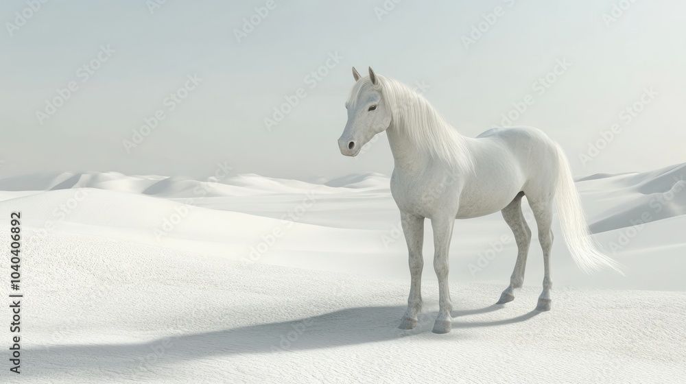 A White Horse Standing in a Snowy Desert Landscape A White Horse Standing in a Snowy Desert Landscape