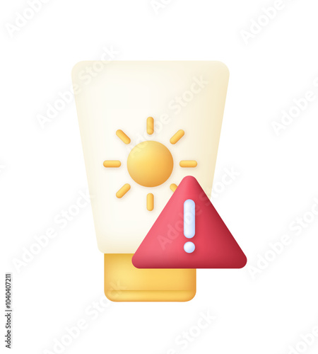 3D Sunscreen cream tube icon. Exclamation sign. Sun protection concept. Protect from uv radiation and SPF 50