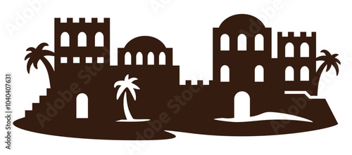 Vector illustration of city in the desert, bethlehem, biblical city. Die cut silhouette. Laser cutting template. Cutout black and white art. Picture suitable for engraving, paper, cutting wood, metal.