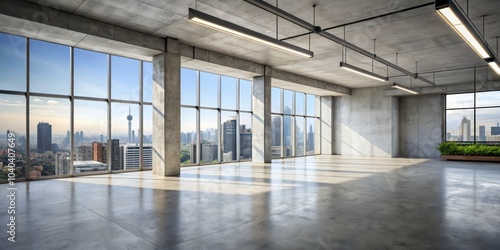 Concrete Office with City Skyline View  Minimalist Interior  Panoramic Window  Modern Design  Architectural Photography  Skyscraper  Cityscape