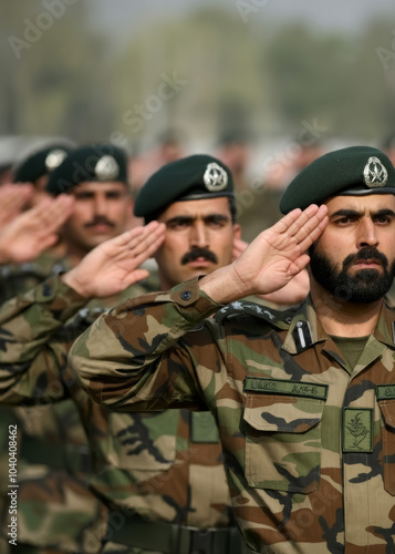 Pakistani soldiers giving salute during ceremony military, glory and honor, dignified military uniform photo