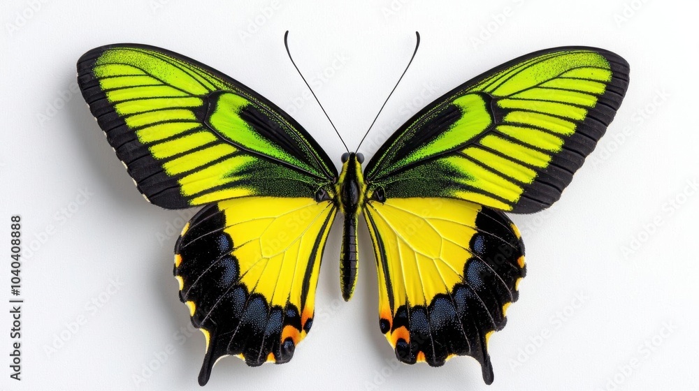 Obraz premium A photostock images of green and yellow butterfly on white, isolated on white background, High Quality