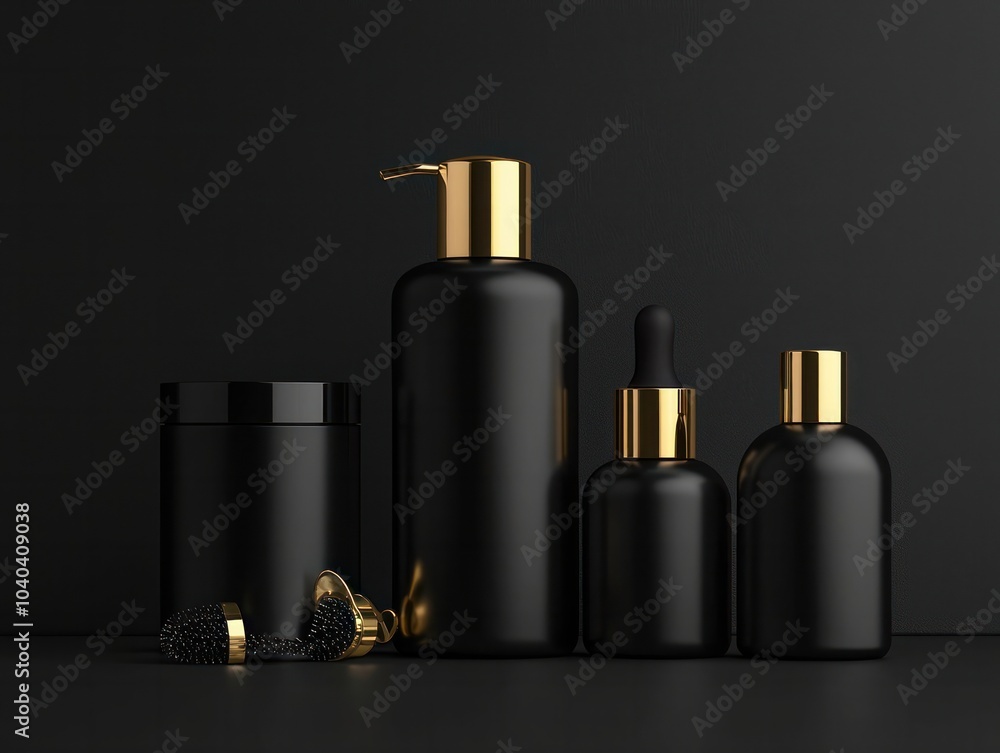 Elegant Black and Gold Cosmetic Bottles for Premium Skincare Displayed on Dark Surface Elegant Black and Gold Cosmetic Bottles for Premium Skincare Displayed on Dark Surface