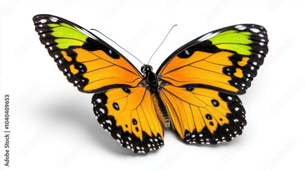 Obraz premium A photostock images of orange and green butterfly in flight, isolated on white background, High Quality