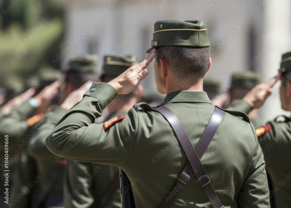 Spaniard soldiers giving salute during ceremony military, glory and honor, dignified military uniform Spaniard soldiers giving salute during ceremony military, glory and honor, dignified military uniform