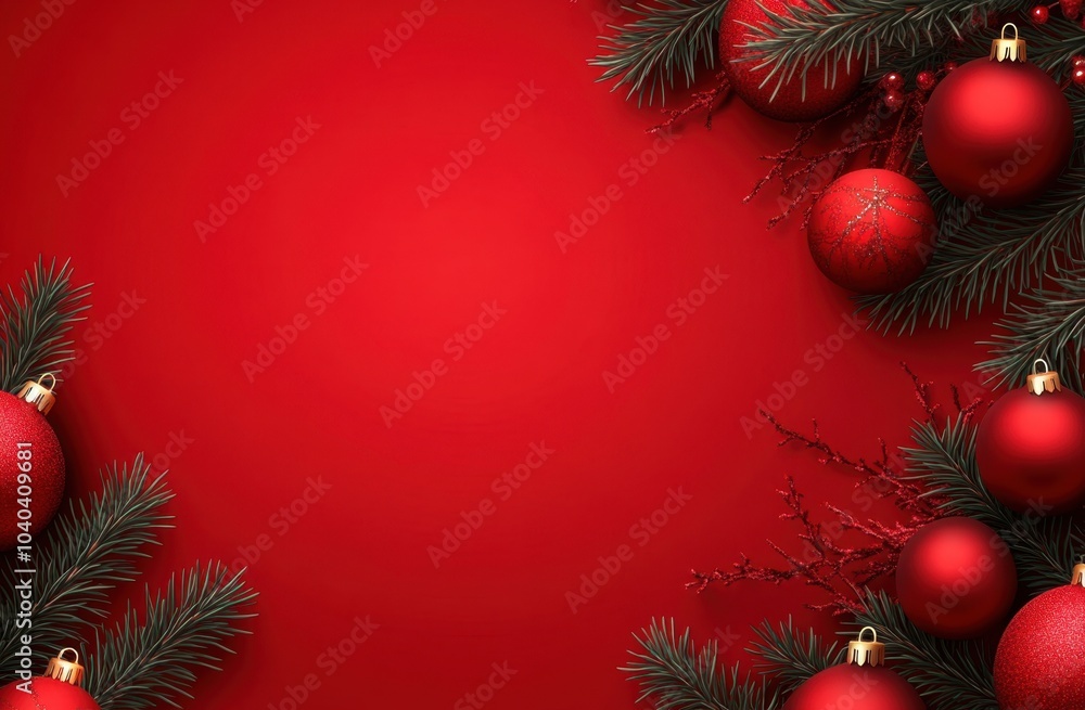Christmas background with red ornaments and pine branches on the edges, blank space for text or message, red color background, festive atmosphere Generative AI Christmas background with red ornaments and pine branches on the edges, blank space for text or message, red color background, festive atmosphere Generative AI