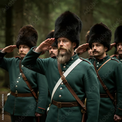 Swede soldiers giving salute during ceremony military, glory and honor, dignified military uniform photo