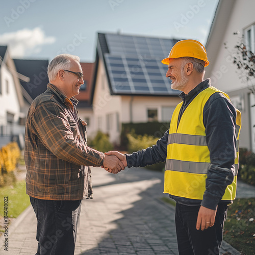 Worker and Man Shaking Hands - Solar Roof photo